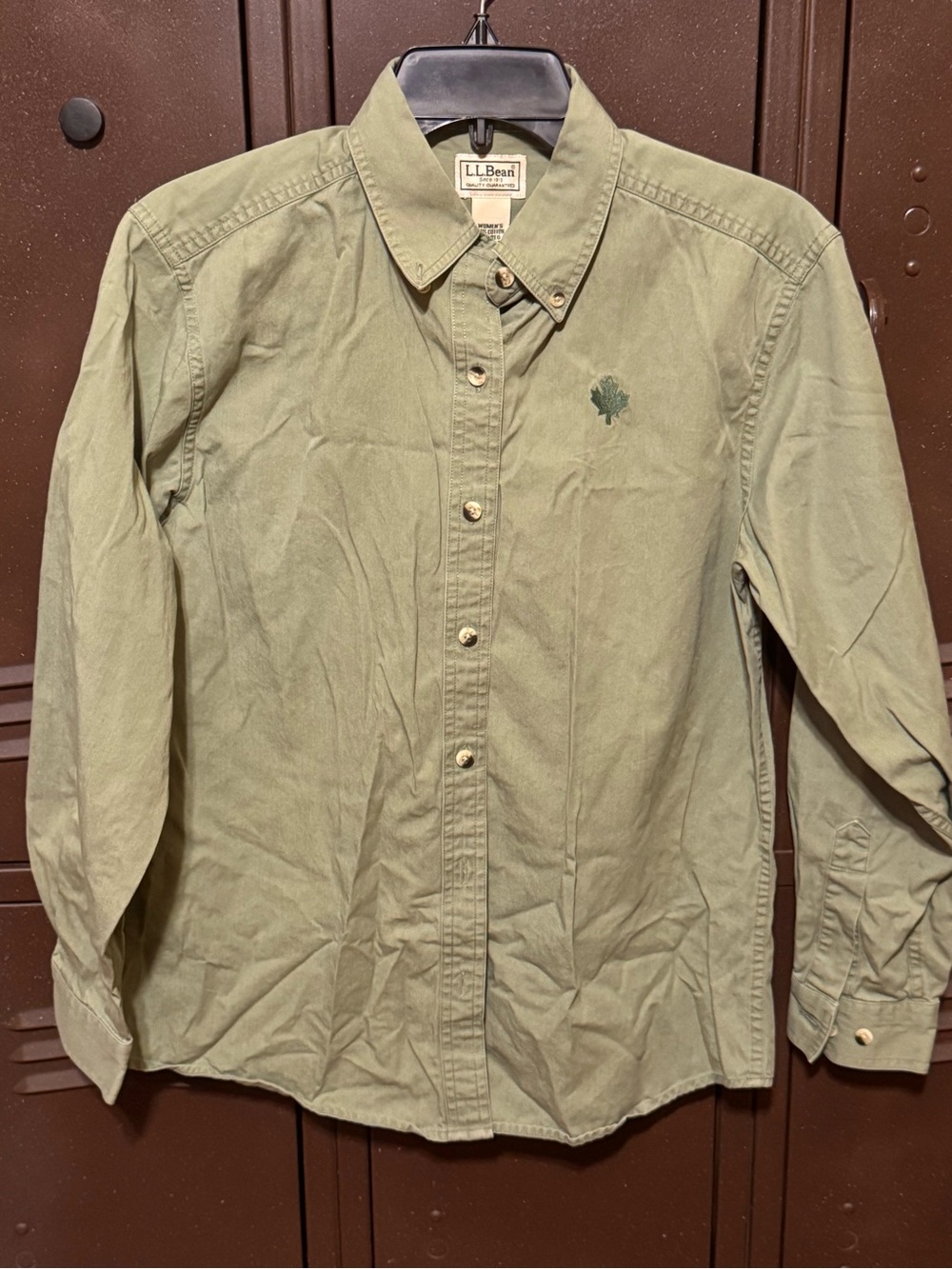 Vintage L.L. Bean Olive Button-Down Shirt with Embroidered Leaf